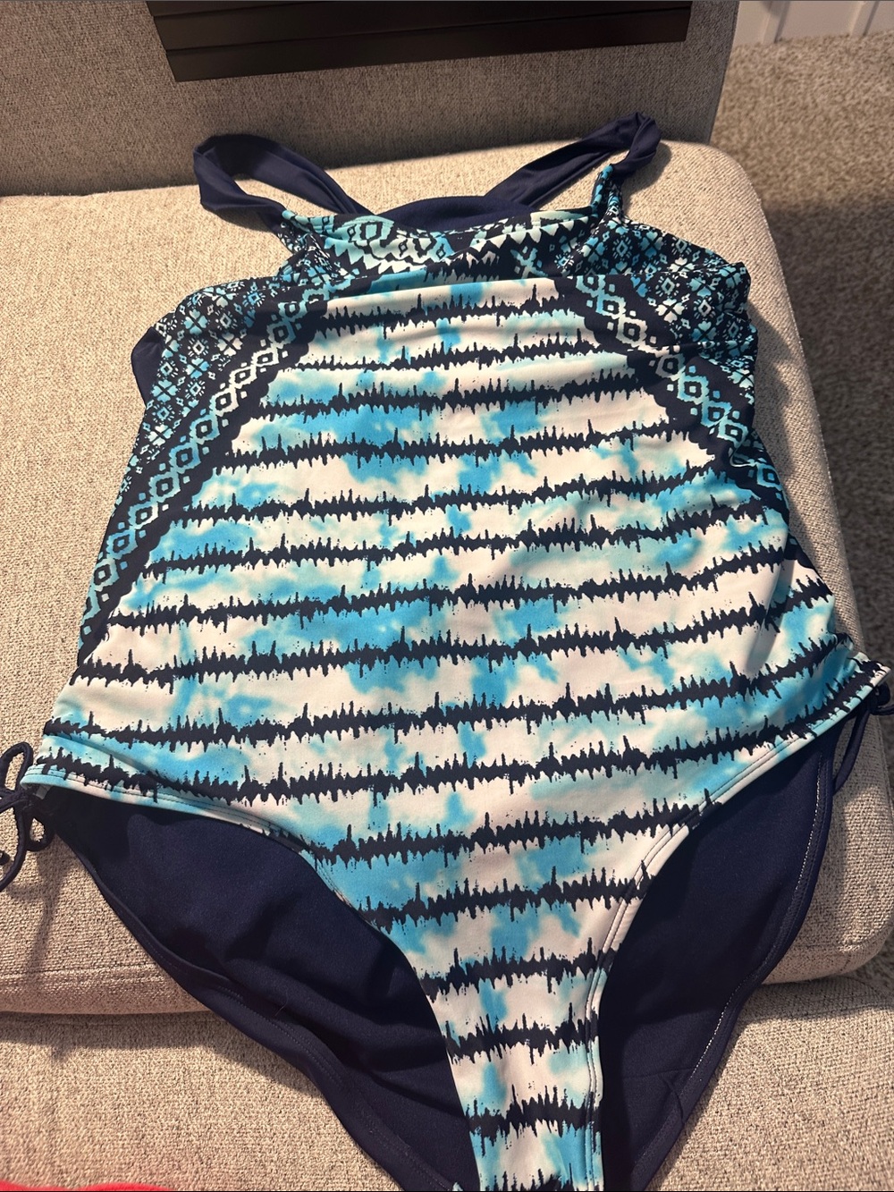 Justice Girls Blue and White Patterned One-Piece Swimsuit